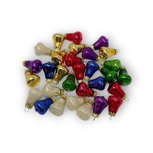 Lot Of 30 Mini Bell Glass Ornaments Multi Color Blue Green Red Gold Purple White
